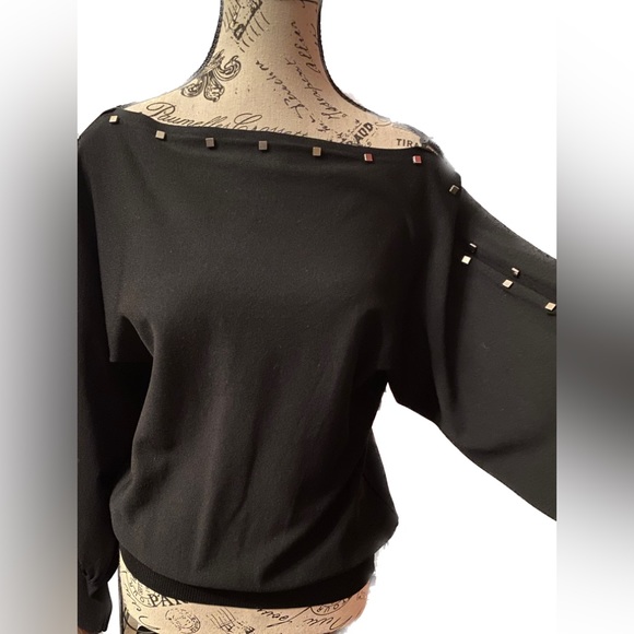 Vintage Black Knit w/Silver Studded Top by French Designer, Leo Guy. SZ L - Picture 1 of 13